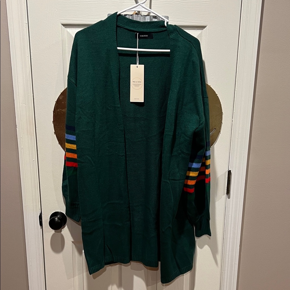 Ladies Green cardigan Sweater with Multicolor Stripes NWT Medium Dokotoo - Picture 1 of 3